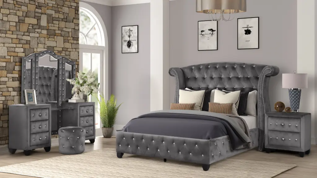 Full 4 Piece Vanity Upholstery Bedroom Set Gray Box Spr Timber galaxy home furnishings