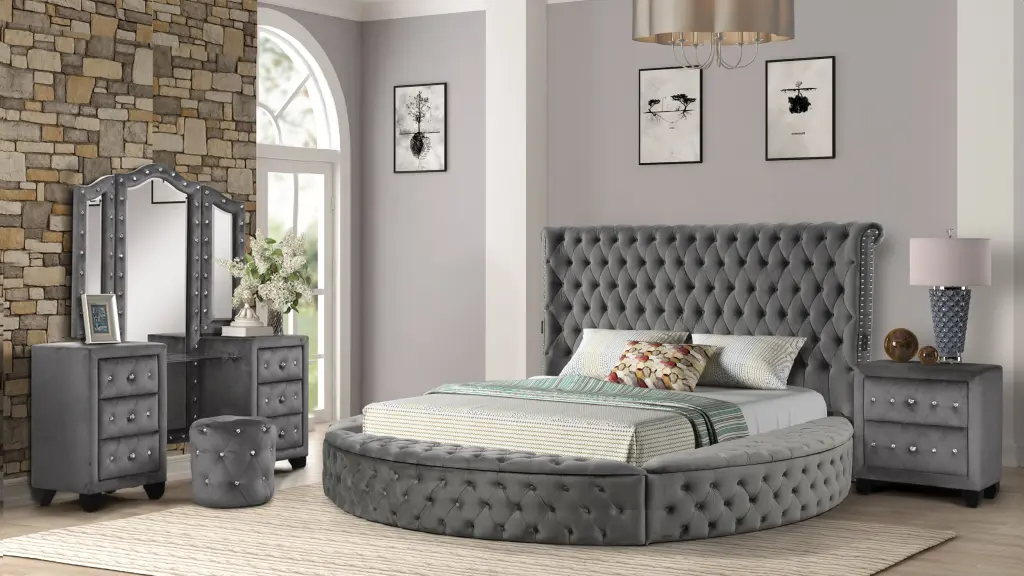 Hazel Queen 4 Pc Vanity Bedroom Set Wood Gray Box Spring galaxy home furnishings