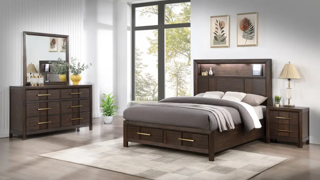Kenzo Modern King 4Pc Storage Bedroom Set Wood and LED galaxy home furnishings