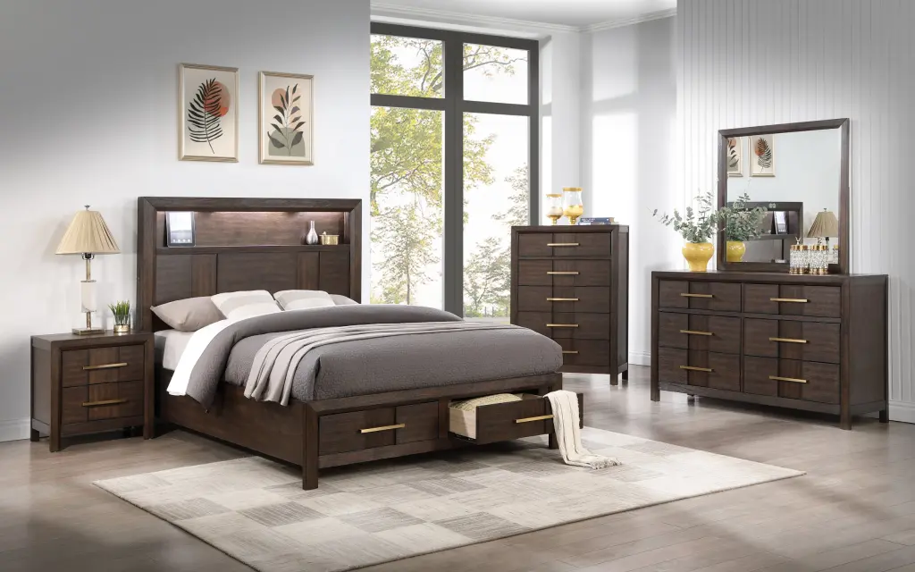 Kenzo Modern King 5 Piece Storage Bedroom Set LED Lights galaxy home furnishings