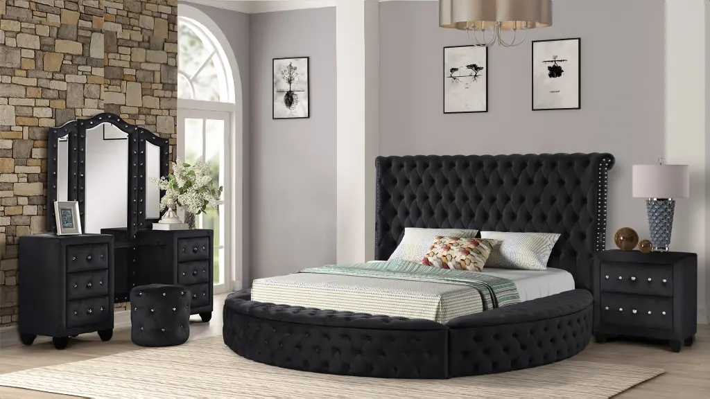King 4 Piece Vanity Bedroom Set Black Color Wood Box Spring Not Required galaxy home furnishings