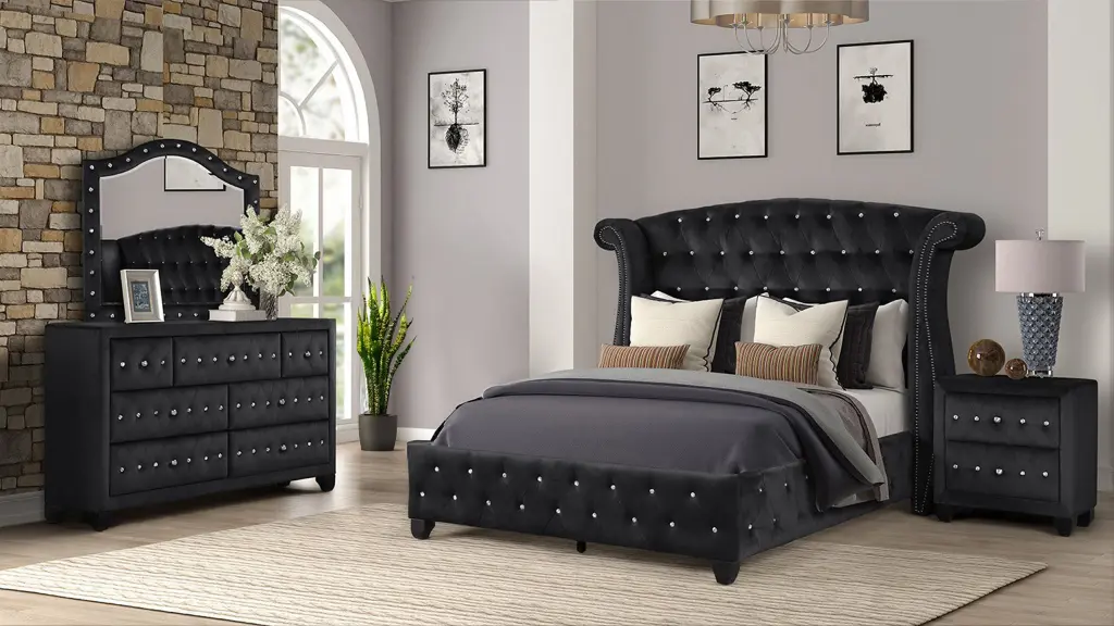 King 4 Pc Upholstery Bedroom Set Black Wood Frame Box Spring galaxy home furnishings