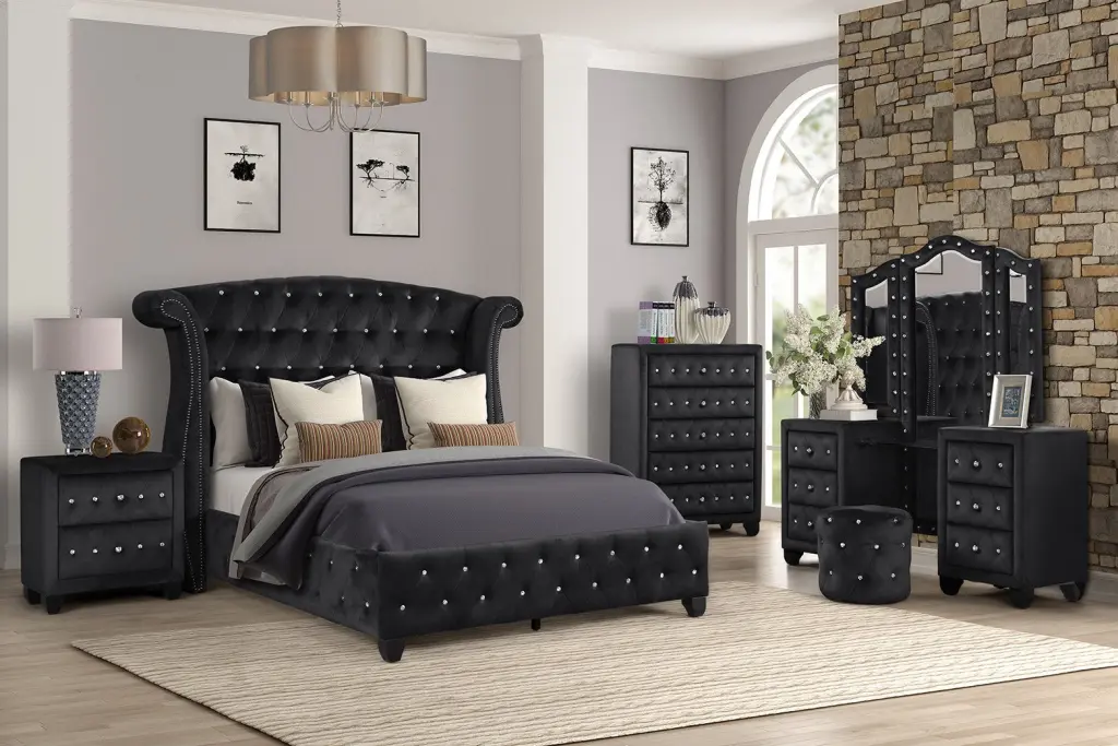 King 5 Pc Vanity Upholstery Bedroom Set Black Wood Frame Box Spring galaxy home furnishings