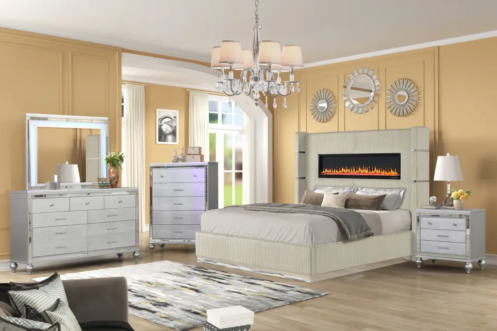 Lizelle Upholstered Wooden Queen 5 Piece Bedroom Set Ambient Lamp galaxy home furnishings