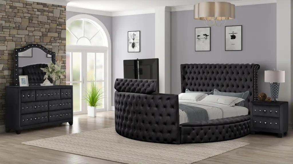 Modern Style Crystal Tufted Queen 4 Piece Bedroom Set Made Wood Black galaxy home furnishings