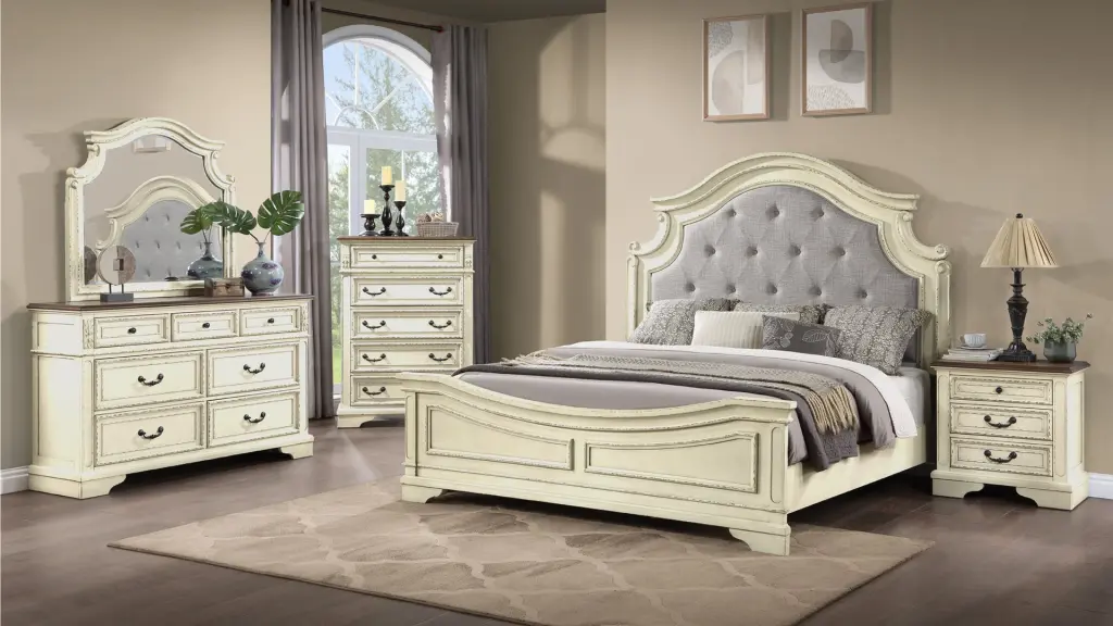Noble Traditional Style 5 Piece King Bedroom Set Button Tufted Upholstered Bed galaxy home furnishings