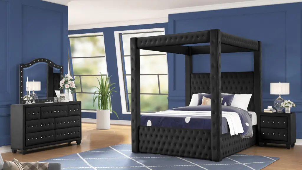 Opulent Four Poster Queen 4 Piece Bedroom Set Made Wood Black galaxy home furnishings