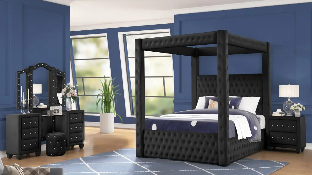 Opulent Four Poster Queen 4 Piece Vanity Bedroom Set Made Wood galaxy home furnishings
