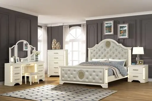 Queen 5 Pc One---kind Led Vanity Bedroom Set Made Wood Beige Box Storage Set galaxy home furnishings