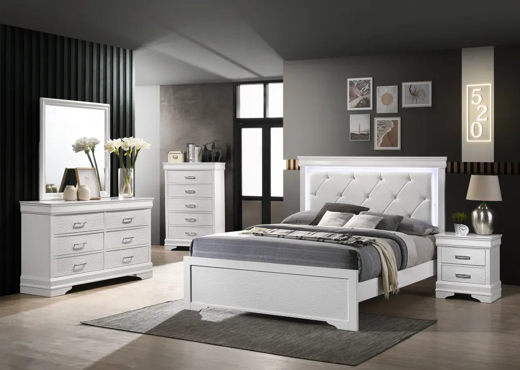 Queen 5 Pc Tufted Upholstery Led Bedroom Set White Timber Furniture galaxy home furnishings