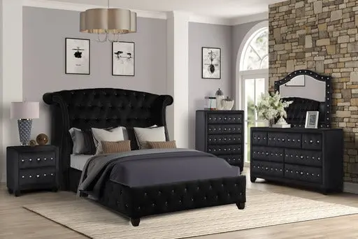 Queen 5 Pc Upholstery Bedroom Set Black Wood Frame Box Spring galaxy home furnishings