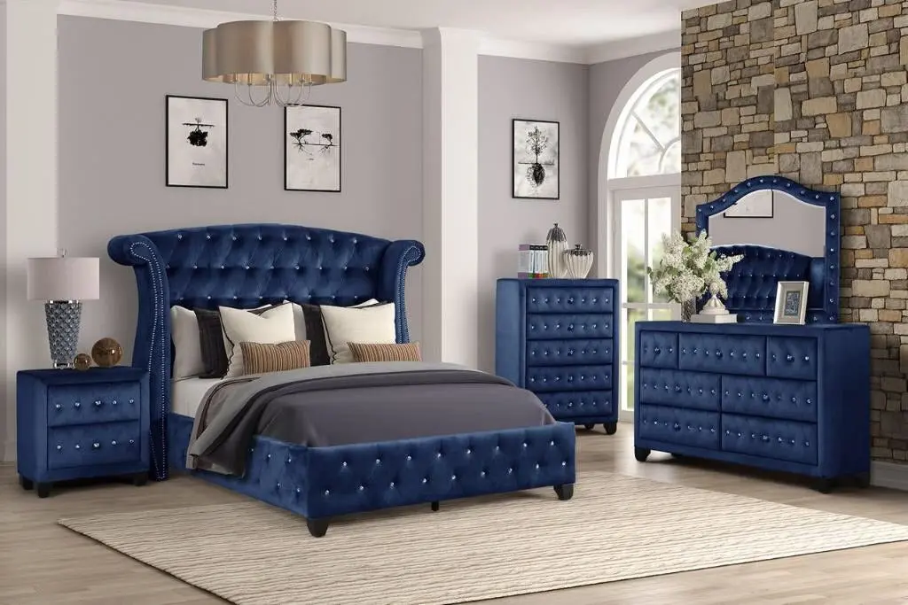 Sophia Full 5 Piece Upholstered Bedroom Set Wood Frame Blue Box Spring galaxy home furnishings