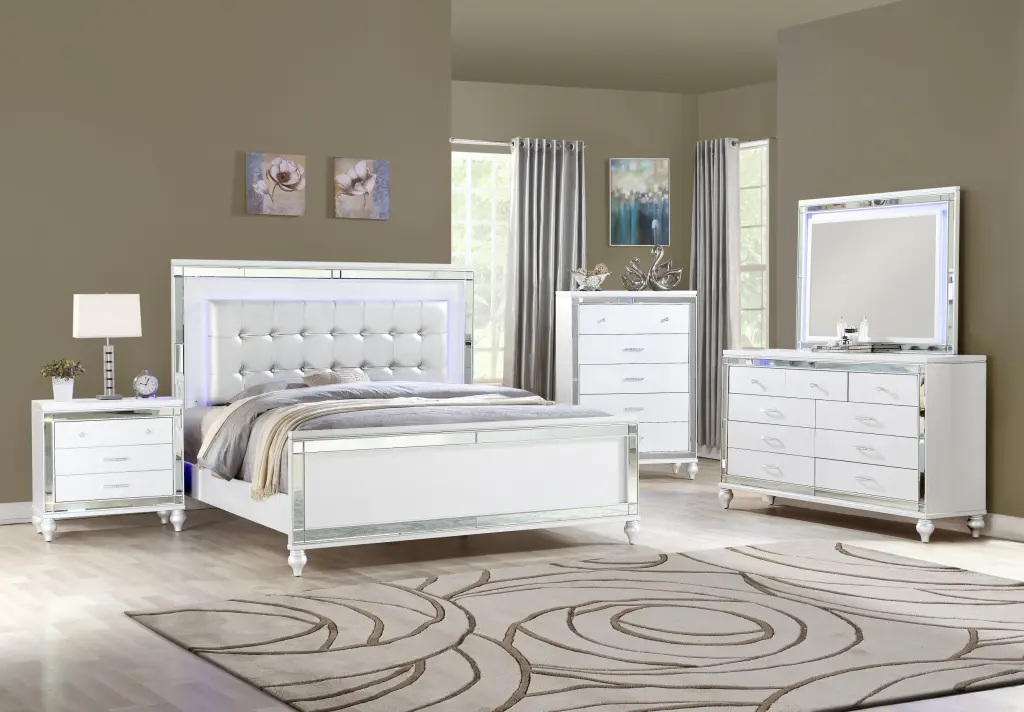 Sterling King 5 Piece LED Bedroom Set White Timber Construction galaxy home furnishings