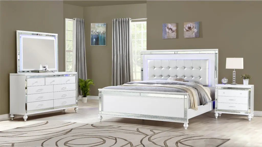 Sterling Queen 4 Piece LED Bedroom Set White Wood Finish galaxy home furnishings
