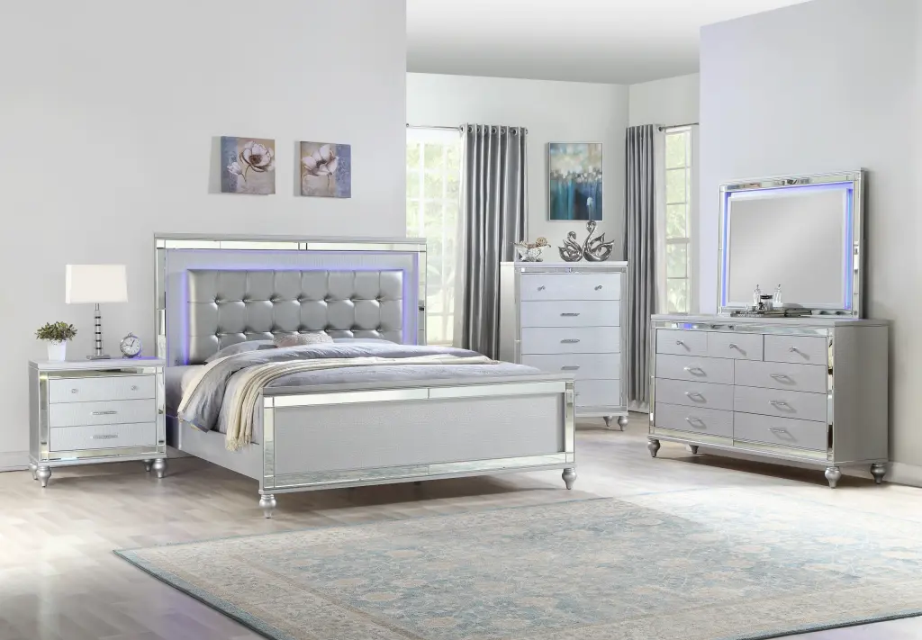 Sterling Queen 5 Piece LED Bedroom Set Wood Furniture Silver Hue Storage Box galaxy home furnishings