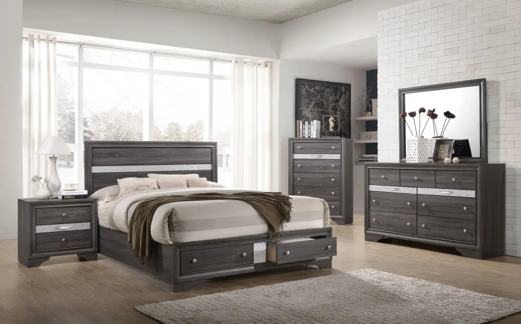 Traditional Style King 5 Piece Storage Bedroom Set Made Wood Grey galaxy home furnishings