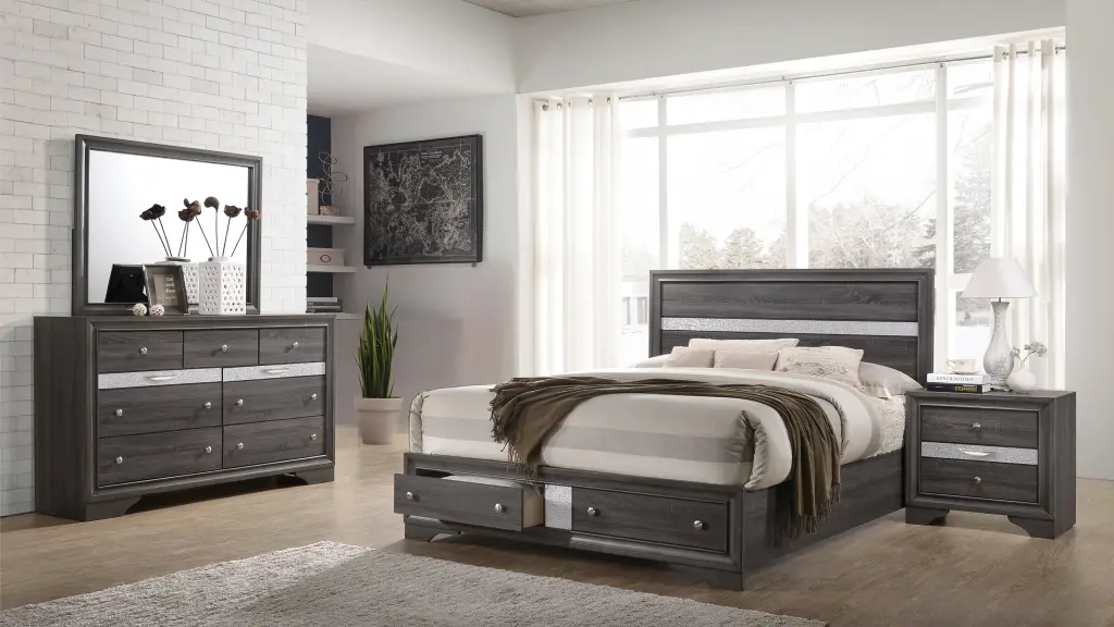 Traditional Style King 4 Piece Storage Bedroom Set Gray Wood galaxy home furnishings
