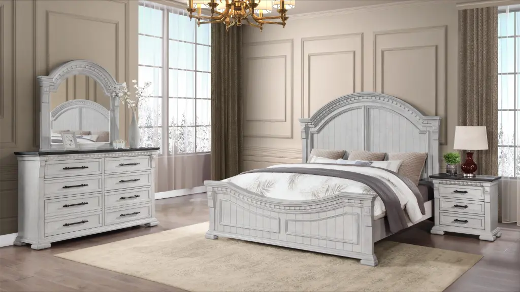 Transitional Style 4 Piece King Bedroom Set Antique White Timber galaxy home furnishings