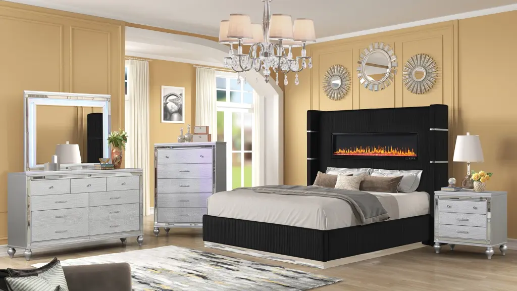Upholstered King Size 5 Piece Bedroom Set Ambient Lighting Black galaxy home furnishings