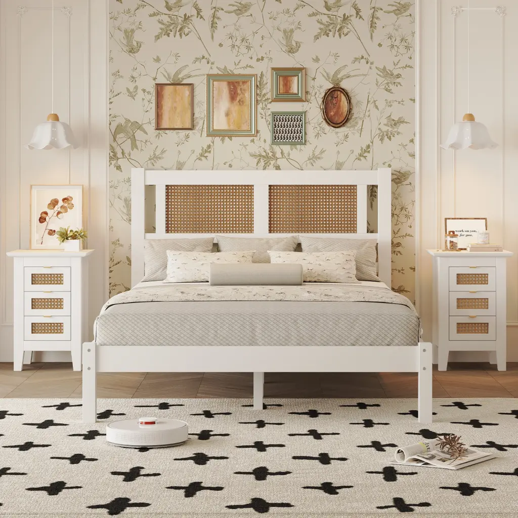 3-Piece Full Size Bedroom Set Wooden Platform Bed and Natural Rattan homey life