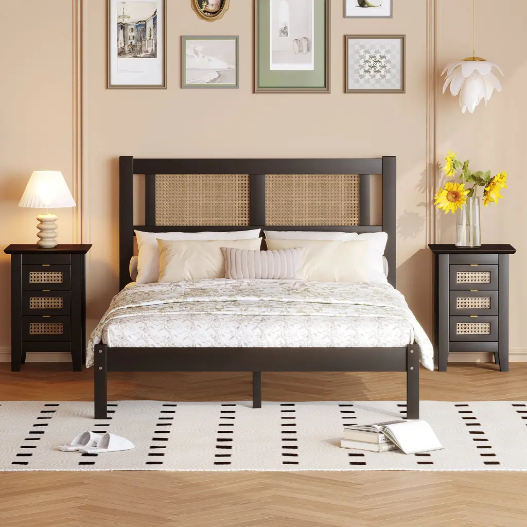 3 Piece Bedroom Set Full Size Wooden Platform Bed and Natural Rattan homey life