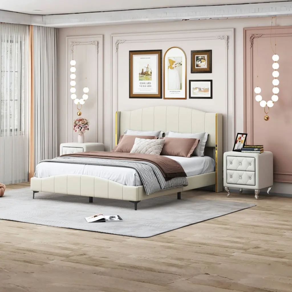 3 Piece Bedroom Set Queen Size PU Leather Upholstered Platform Bed Nightstands homey life