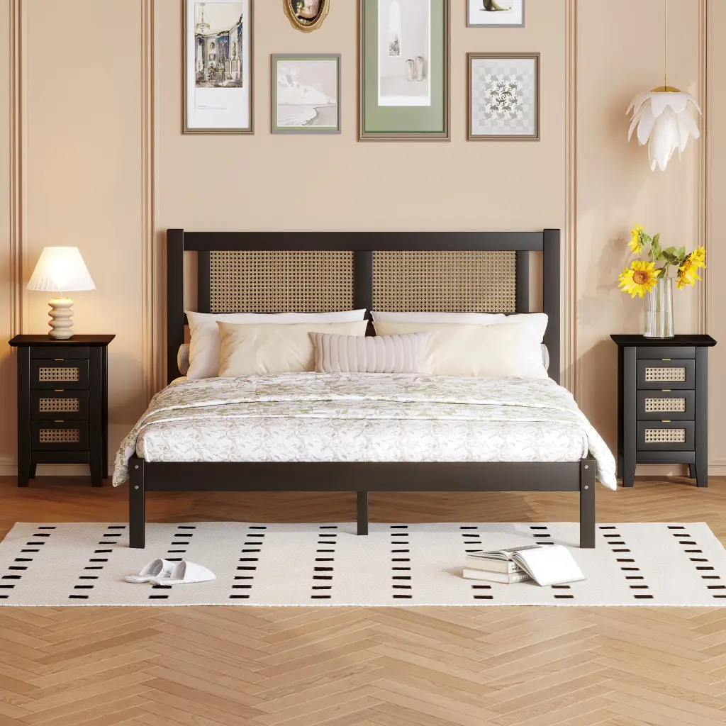 3 Piece Bedroom Set Queen Size, Wooden Platform Bed Natural Rattan Headboard homey life