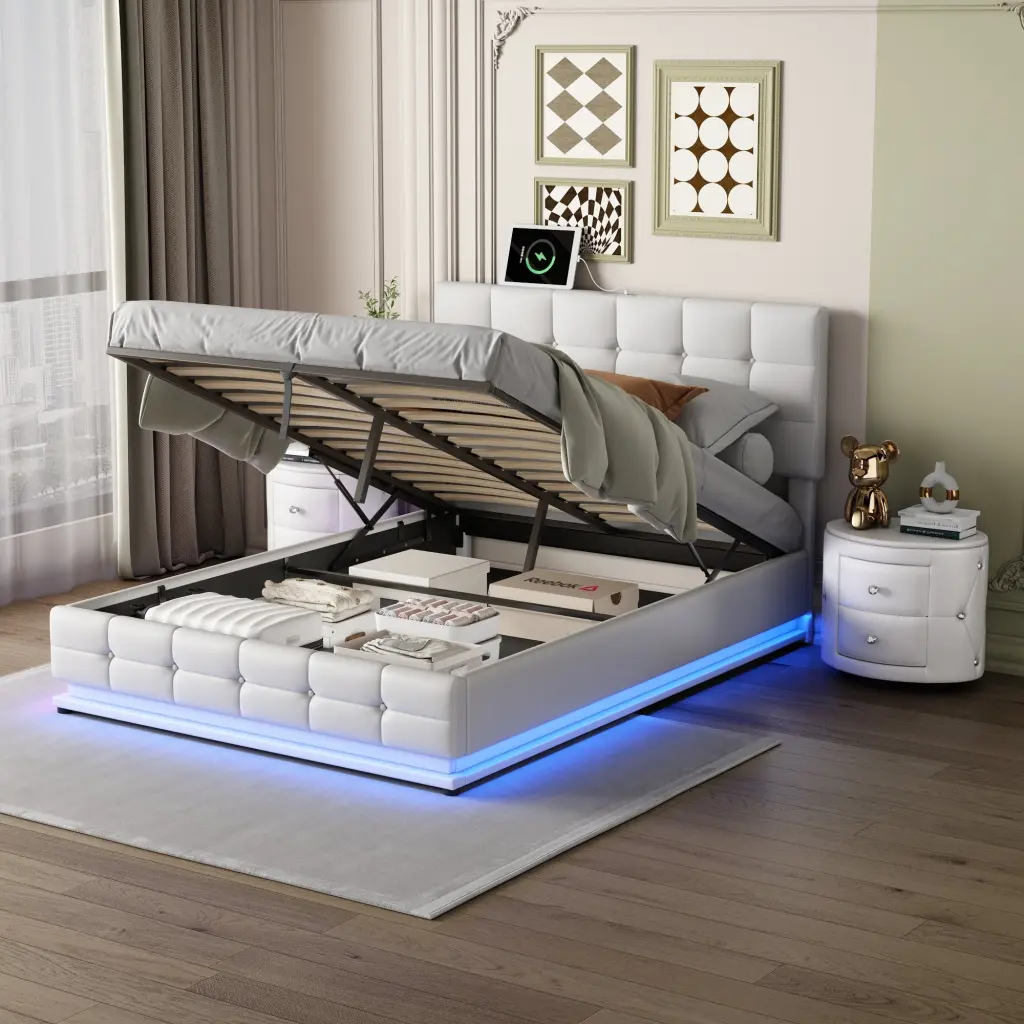 3 Piece Bedroom Set Queen Upholstered Bed LED Lights and Hydraulic Storage homey life