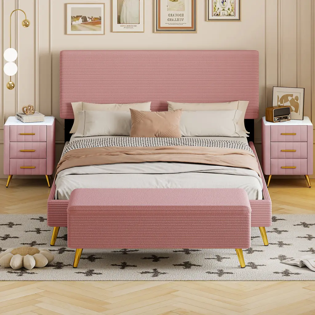4 Piece Bedroom Set Queen Upholstered Bed Frame Modern Corner Design homey life