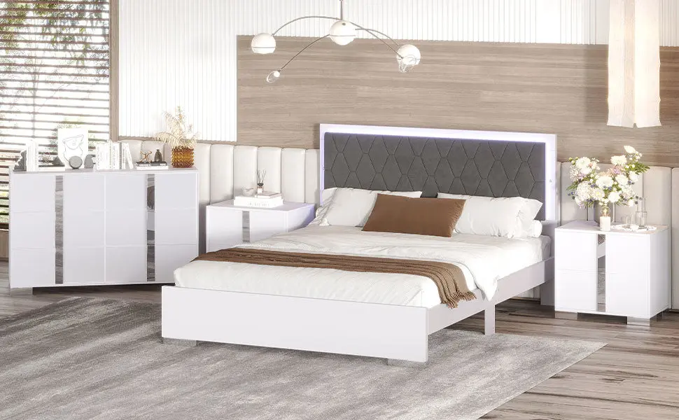 4 Piece Queen Size Bedroom Set Upholstered Bed and LED Lights homey life