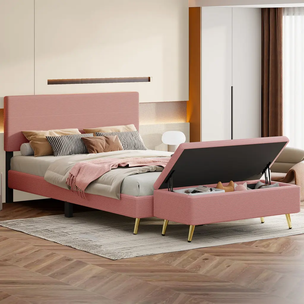2 Piece Queen Upholstered Bed Frame Set Modern Corduroy homey life
