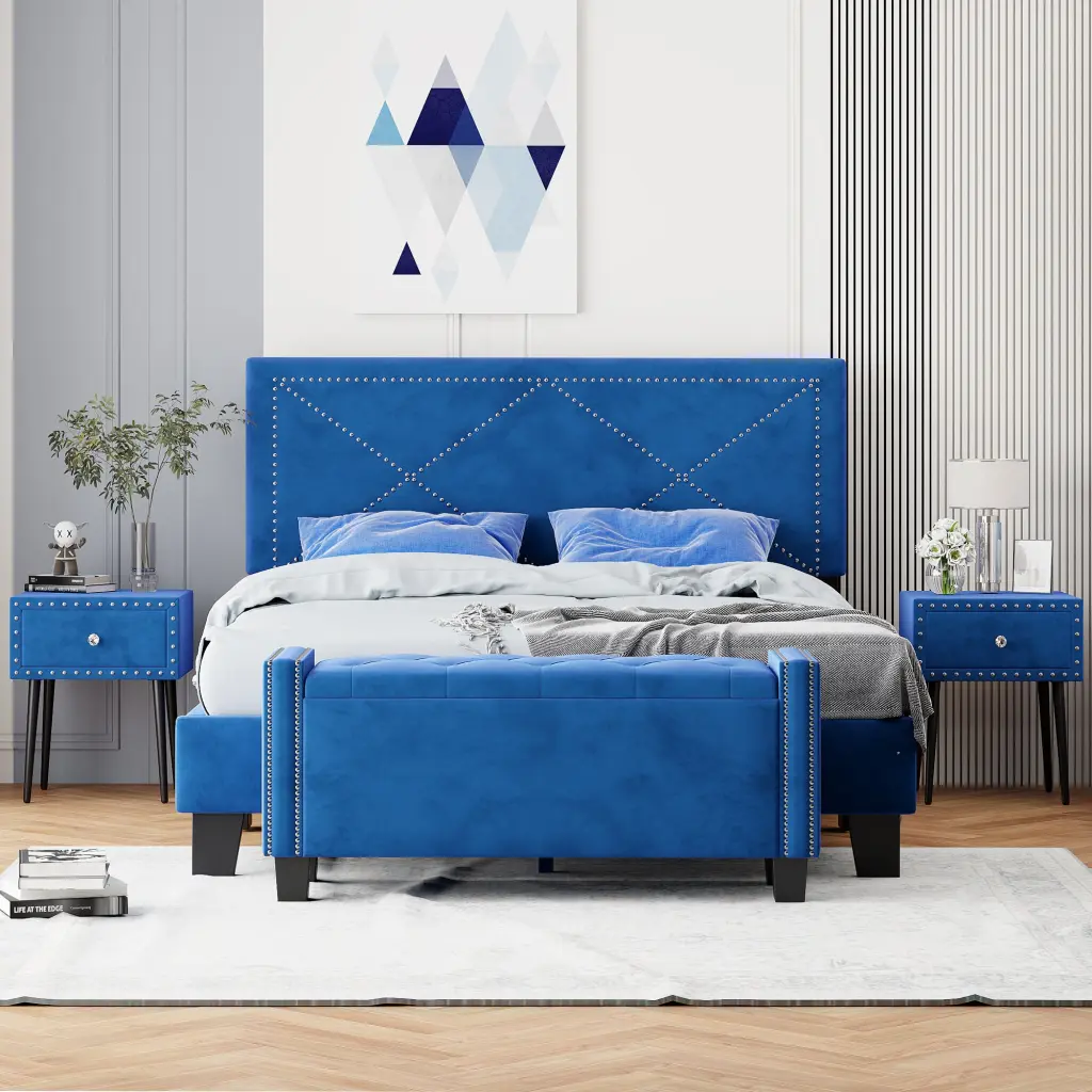 4 Pieces Bedroom Set Queen Upholstered Bed Frame Rivet Design homey life