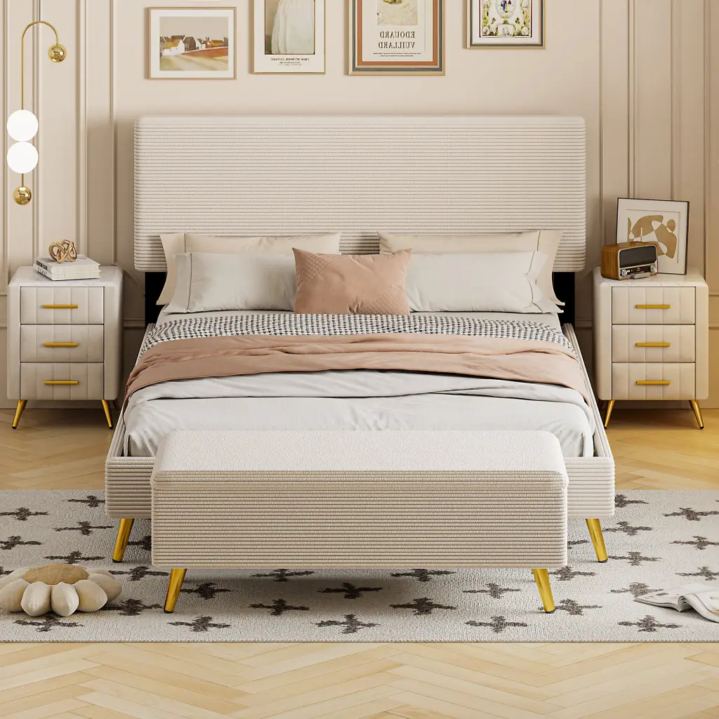 4 Pieces Bedroom Sets Queen Dimensions Upholstered Bed Frame Modern Corner homey life