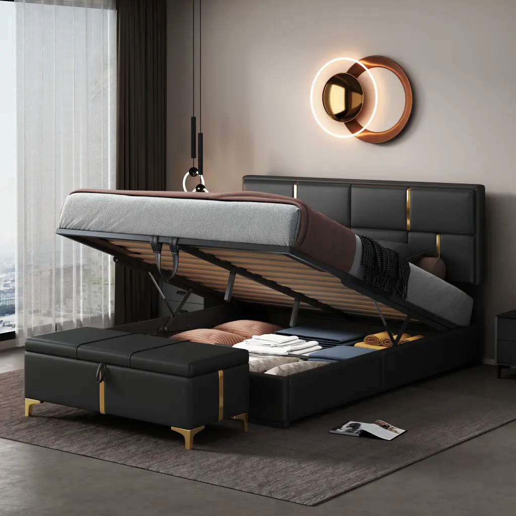 2 Pieces Bedroom Sets Queen Dimensions Upholstered Platform Bed Hydraulic Storage homey life