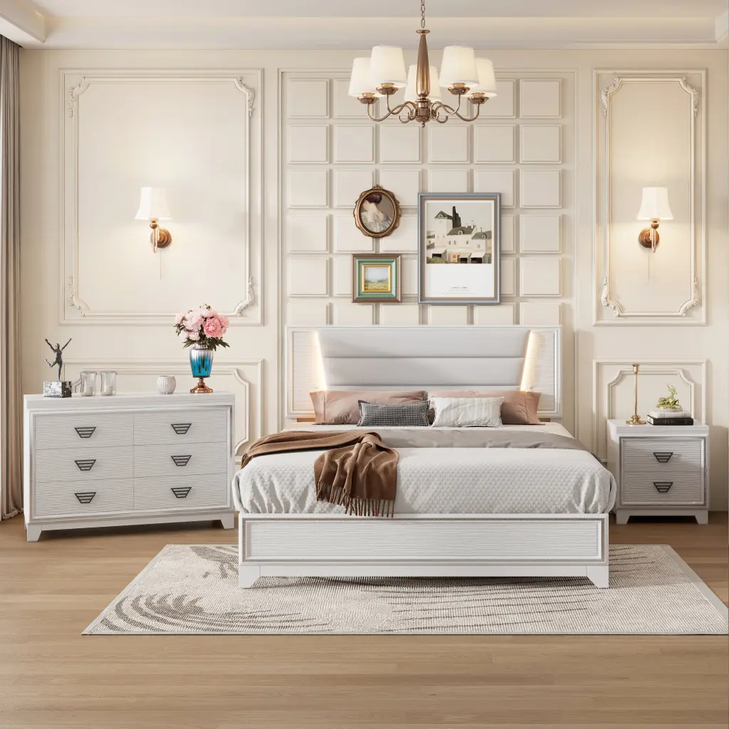 3 Pieces Bedroom Sets Queen Size Upholstered Bed Led Lights And Nightstands homey life