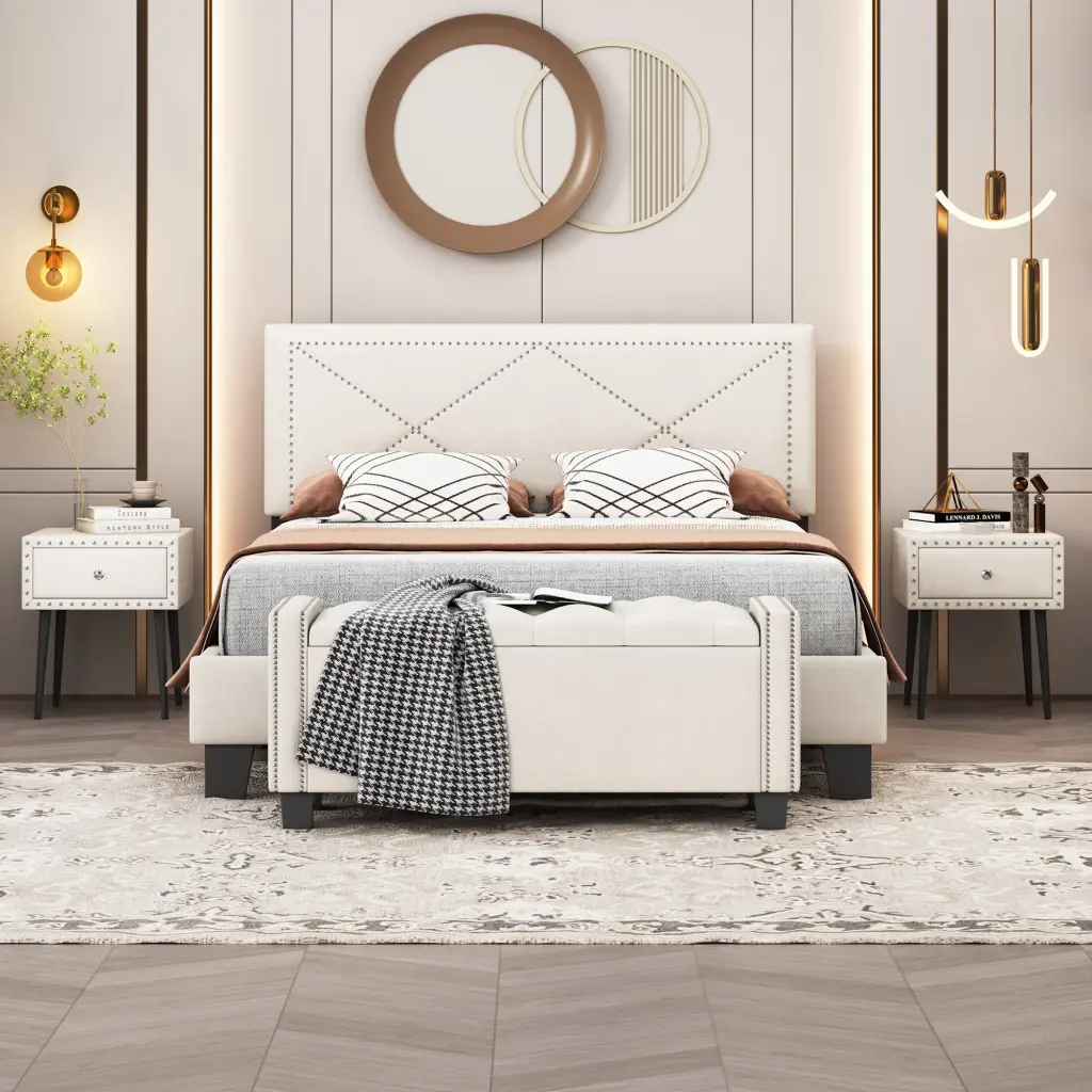 4 Pieces Queen Bedroom Set Upholstered Bed Frame Rivet Design homey life