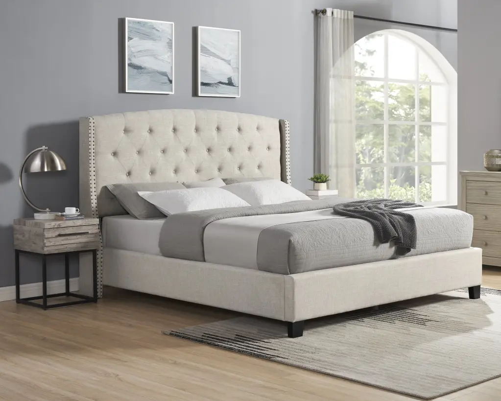 Astral 3 Piece Upholstered Bedroom Set Tufted Wingback Bed Two Nightstands hz