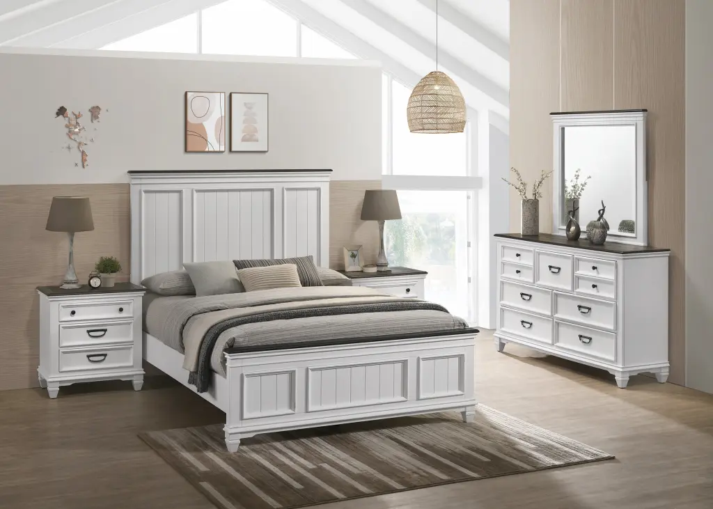 Clelane Timber Bedroom Set Lap Panel Queen Bed Dresser Mirror Nightstand hz