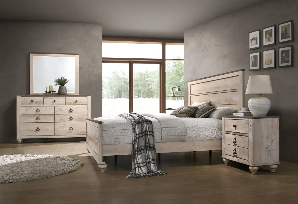 Imerland Contemporary White Wash Finish 4 Piece Bedroom Set King Bed hz