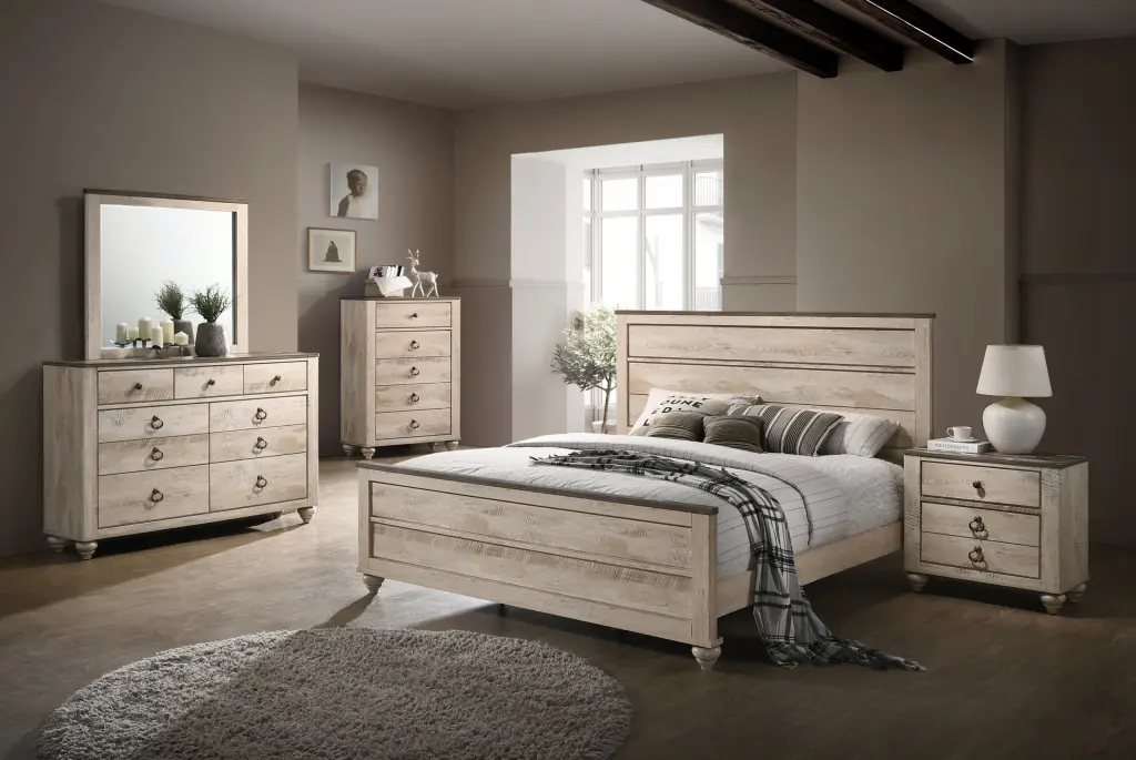 Imerland Contemporary White Wash Finish Queen Bedroom Set hz
