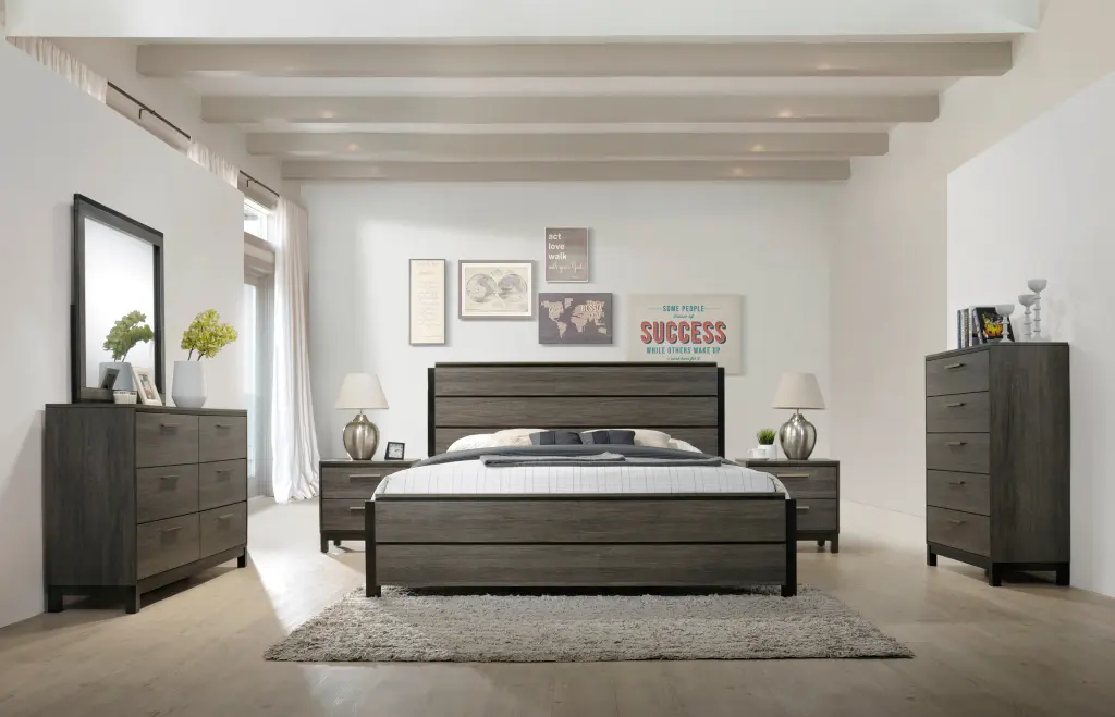 Ioana Antique Grey Wood 6 Piece Queen Size Bedroom Set Dresser and Mirror hz