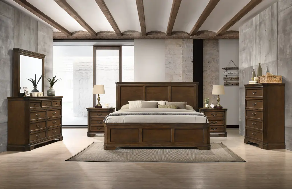 Maderne Traditional Timber Panel 6 Pieces Queen Bed Set Dresser Mirror And Nightstands hz