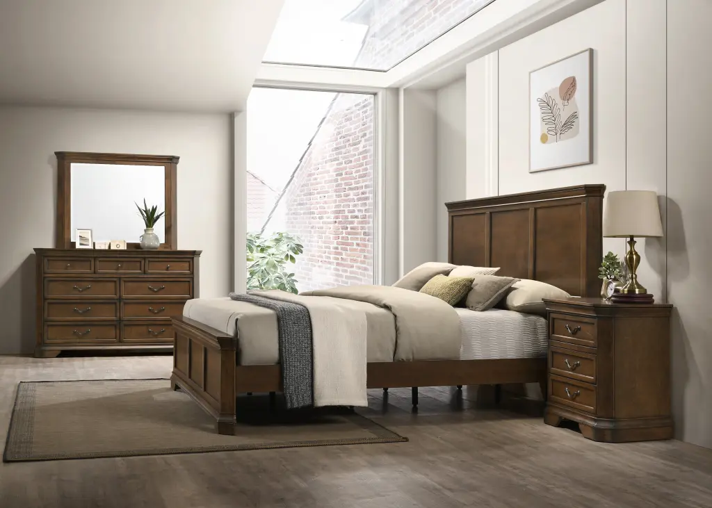 Maderne Traditional Wood Panel Bed Dresser, Mirror, Nightstand hz