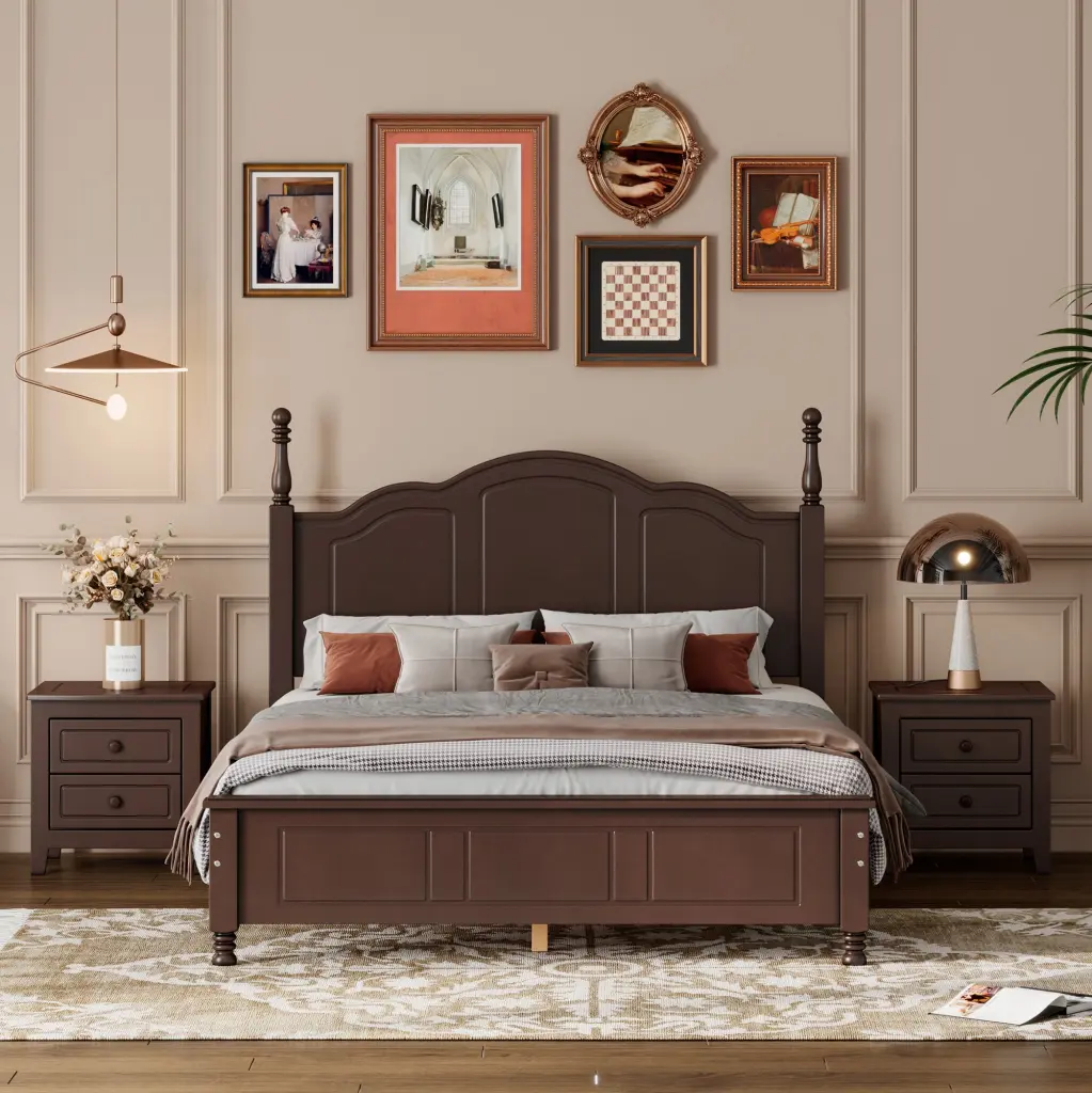 3 Pieces Bedroom Sets Full Dimensions Wood Platform Bed And Two Nightstands rnb
