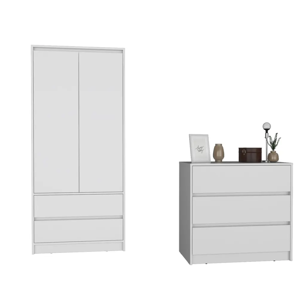 Lewes 2 Piece Bedroom Set Gown Dresser Armoire White Particle Board treevol furniture