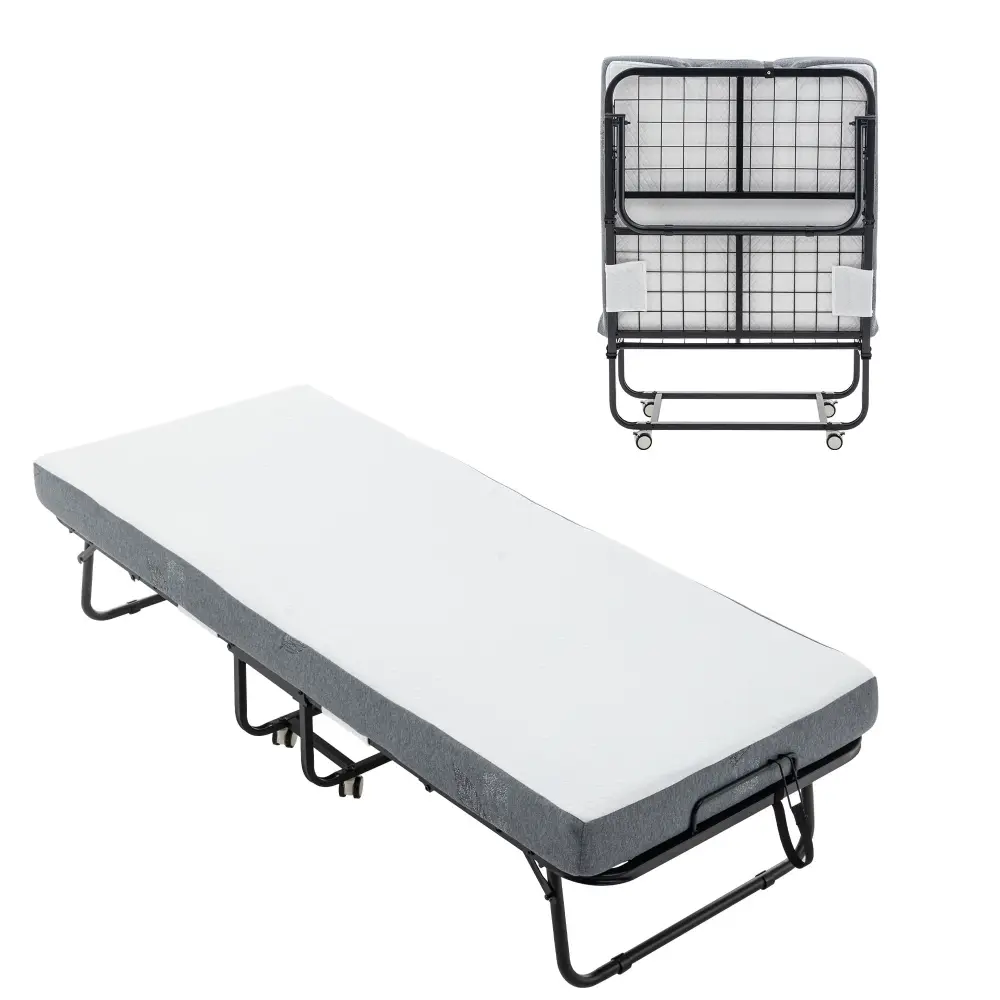Foldable Metal Frame Bed Guest Memory Foam Mattress On Wheels, Saving Space Rollaway Bed