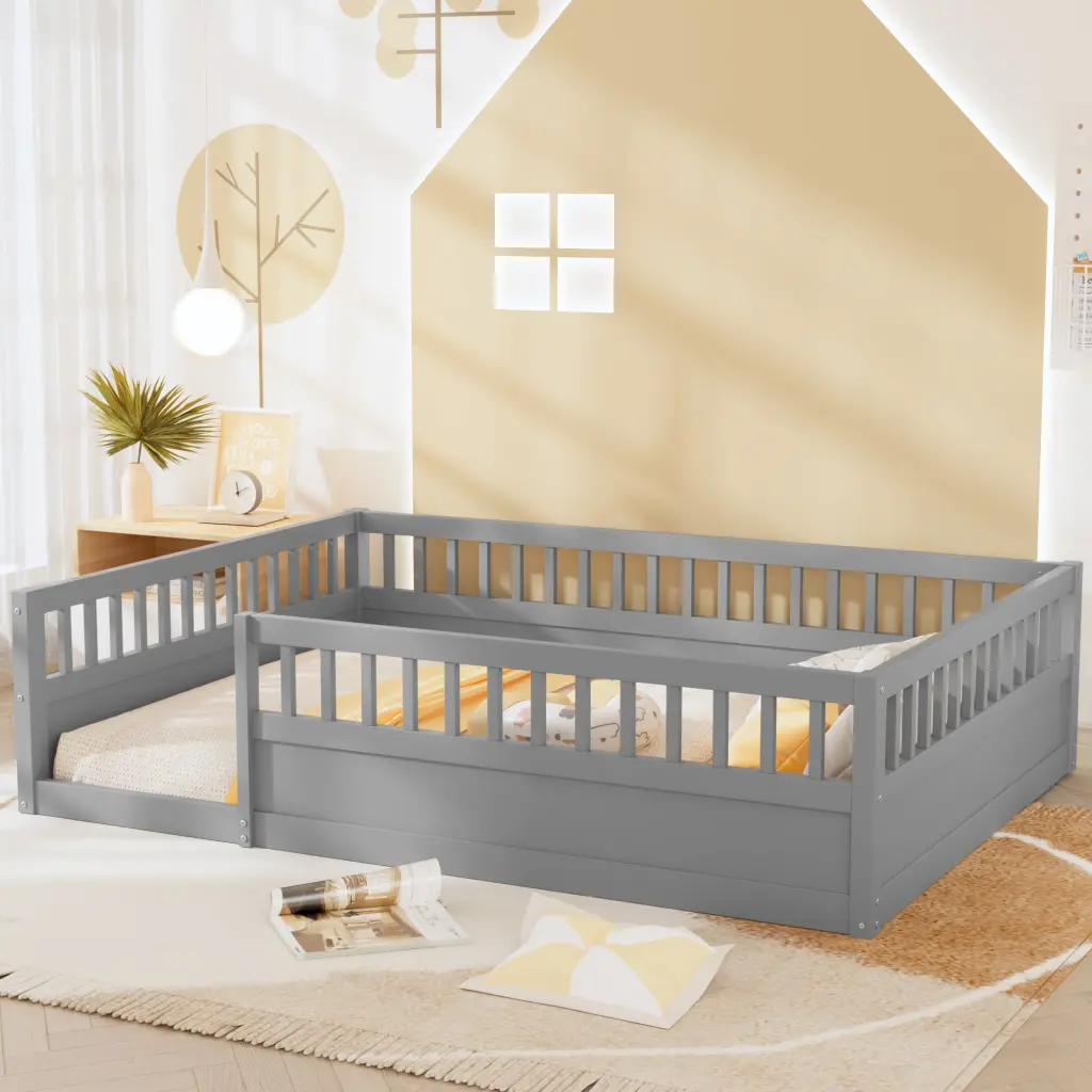 Full Floor Bed Frame Fence, Timber Kids Floor Beds Frame Bedroom w2593