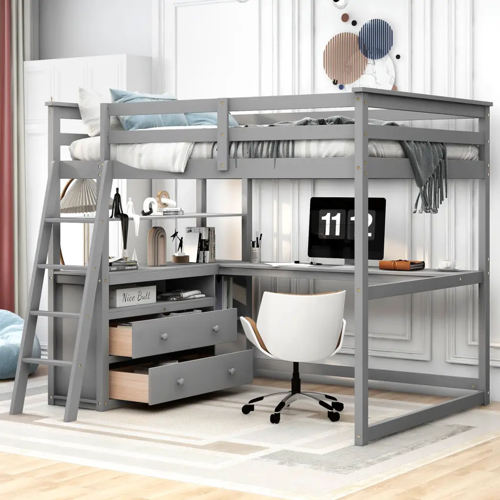 Full Size Loft Bed Desk, Shelves and 2 Built- Drawers Gray wm store