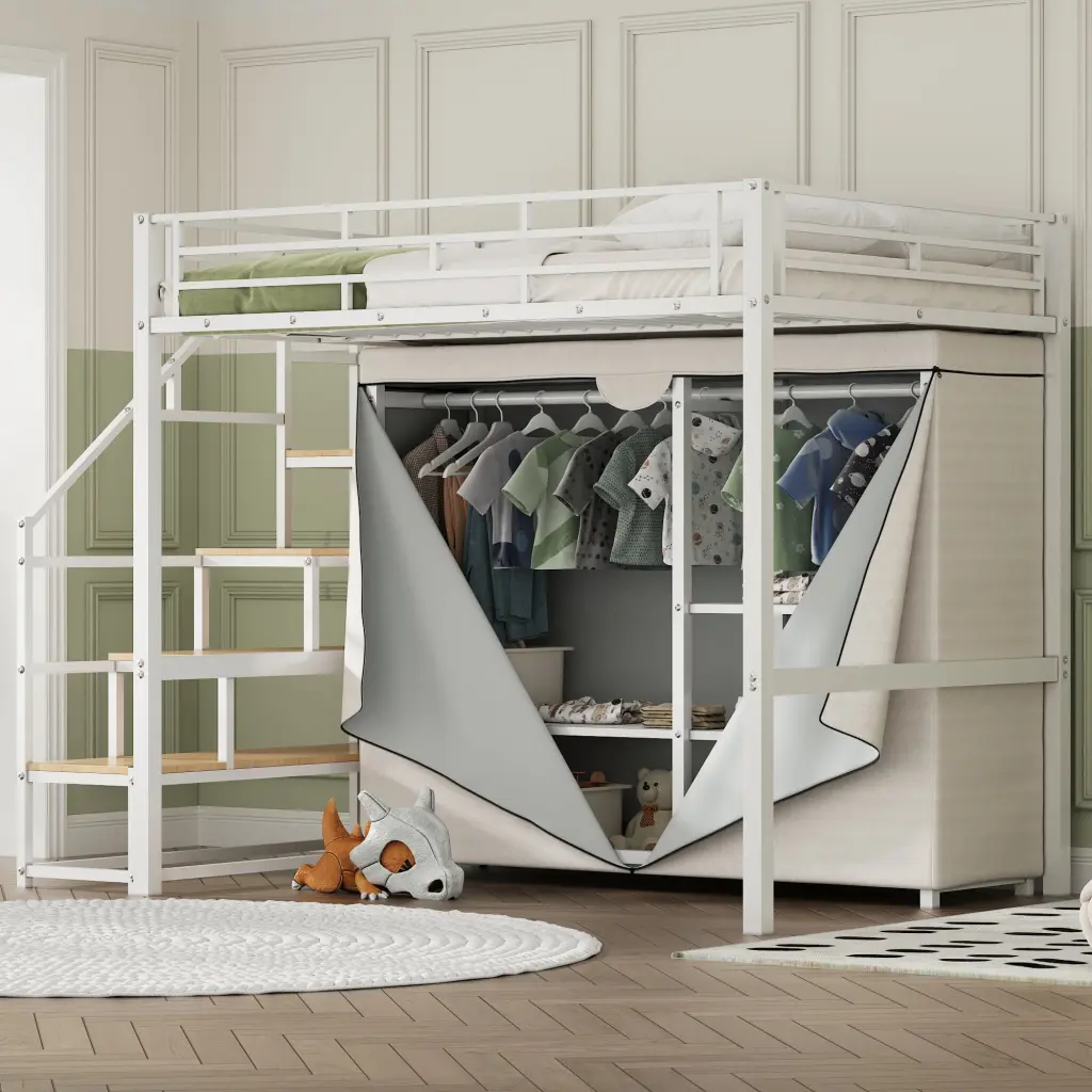Full Dimensions Metallic Loft Bed Wardrobe and Storage Shelves White Box wm dreamland