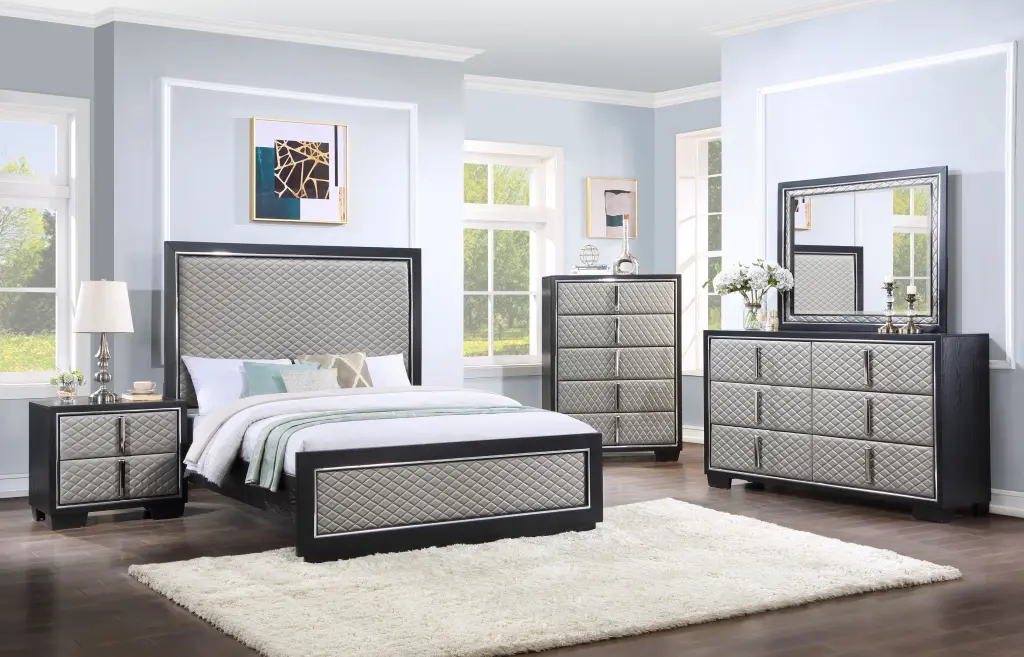 Nicola Ek Bed Silver PU and Black Finish acme onsite store